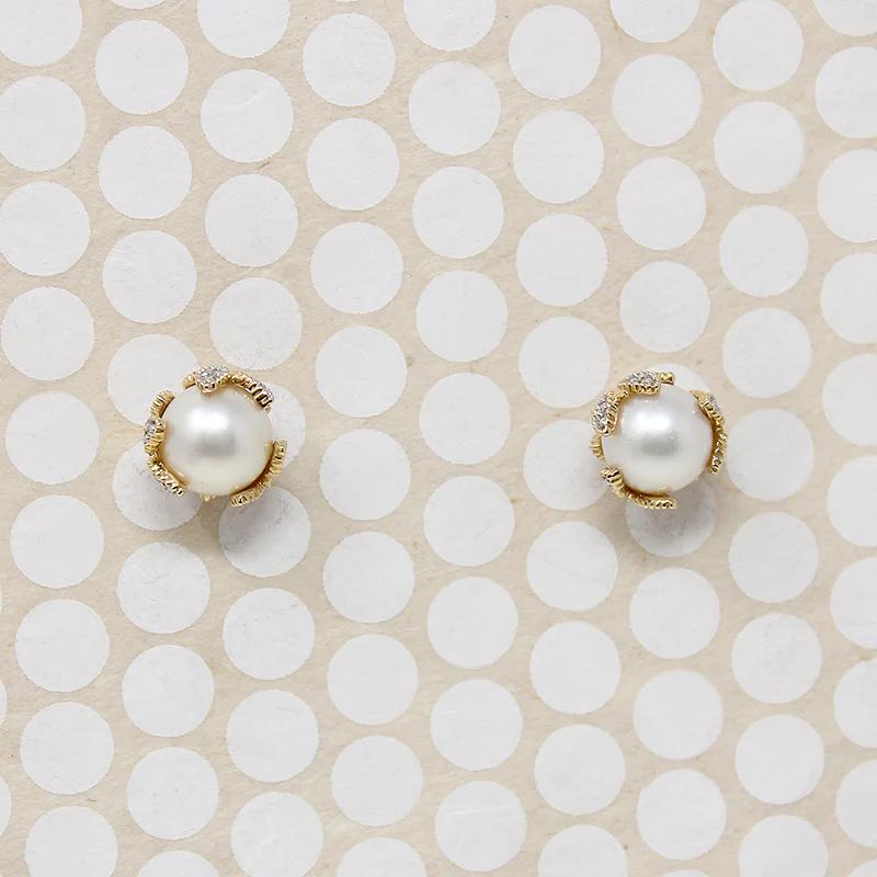 Cultured Pearl Studs in Diamond Spangled Caps