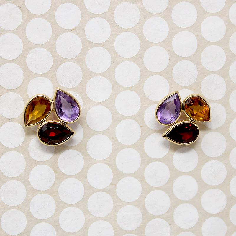 Amethyst Garnet & Citrine Cluster Stud Earrings
