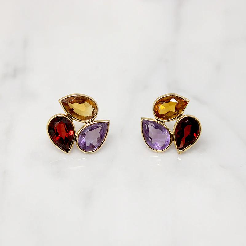Amethyst Garnet & Citrine Cluster Stud Earrings