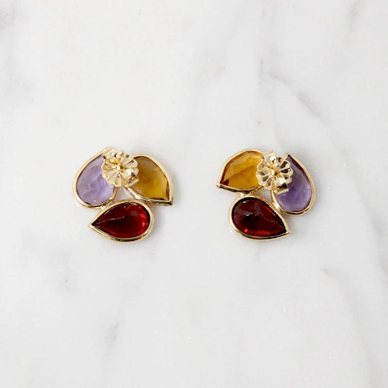 Amethyst Garnet & Citrine Cluster Stud Earrings