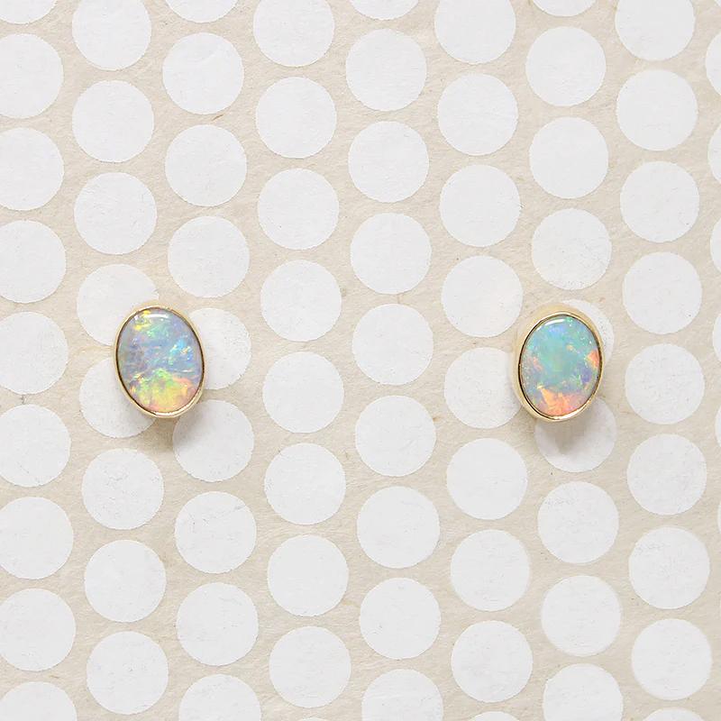 Fiery Opals in 14k Gold Bezel Stud Earrings