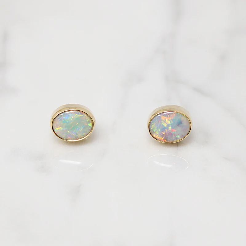 Fiery Opals in 14k Gold Bezel Stud Earrings