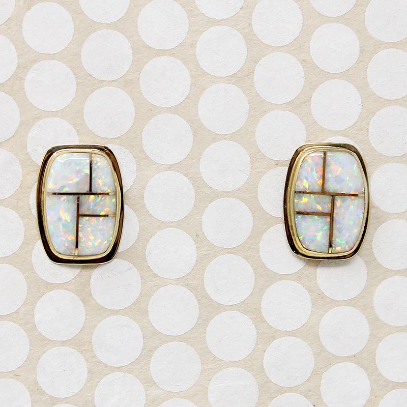Graphic Opal Inlay in Gold Stud Earrings