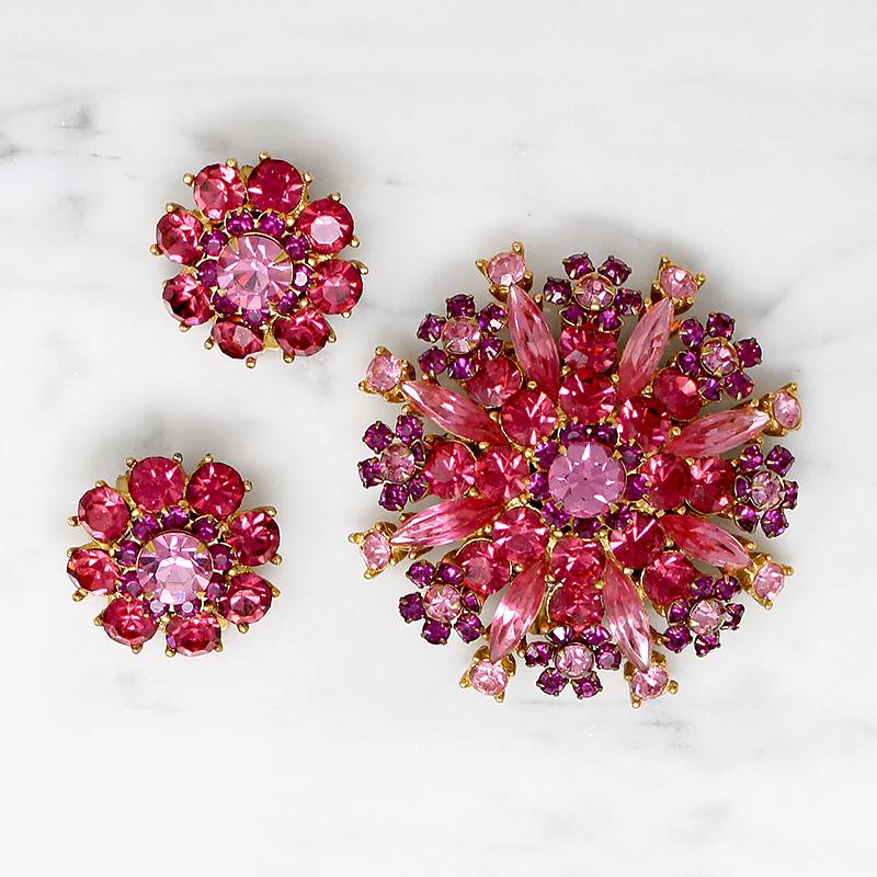 Kaleidoscopic Pink Rhinestone Brooch & Earring Set