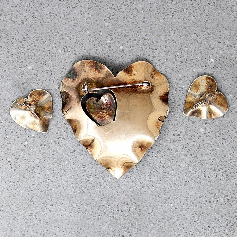 Romantic Retro Silver Gilt Heart Brooch & Earring Set