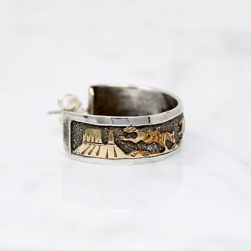 Navajo Storytelling Jewelry Gold Overlay on Sterling Hoops