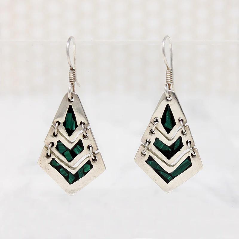 Supple Silver Panel Earrings with Malachite Inlay