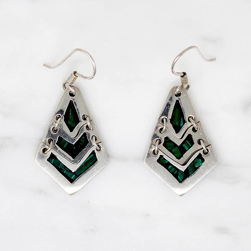 Supple Silver Panel Earrings with Malachite Inlay