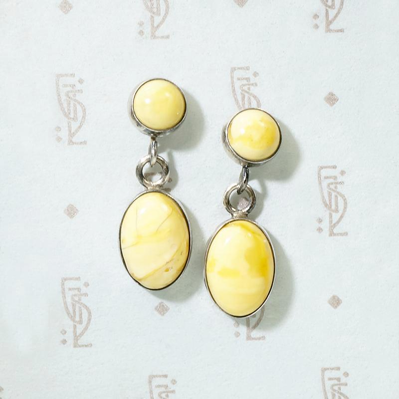 Silver Bezel-Set Egg Yolk Amber Dangle Earrings