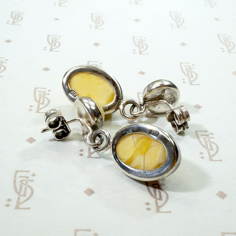 Silver Bezel-Set Egg Yolk Amber Dangle Earrings