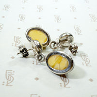 Silver Bezel-Set Egg Yolk Amber Dangle Earrings