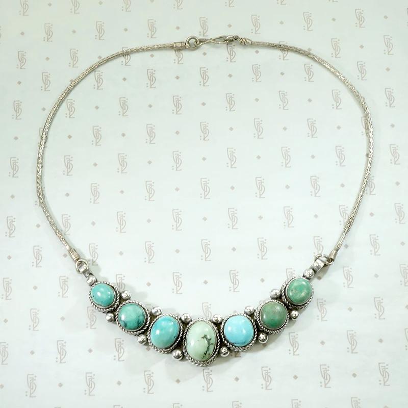 Silver Necklace with Blue & Green Turquoise