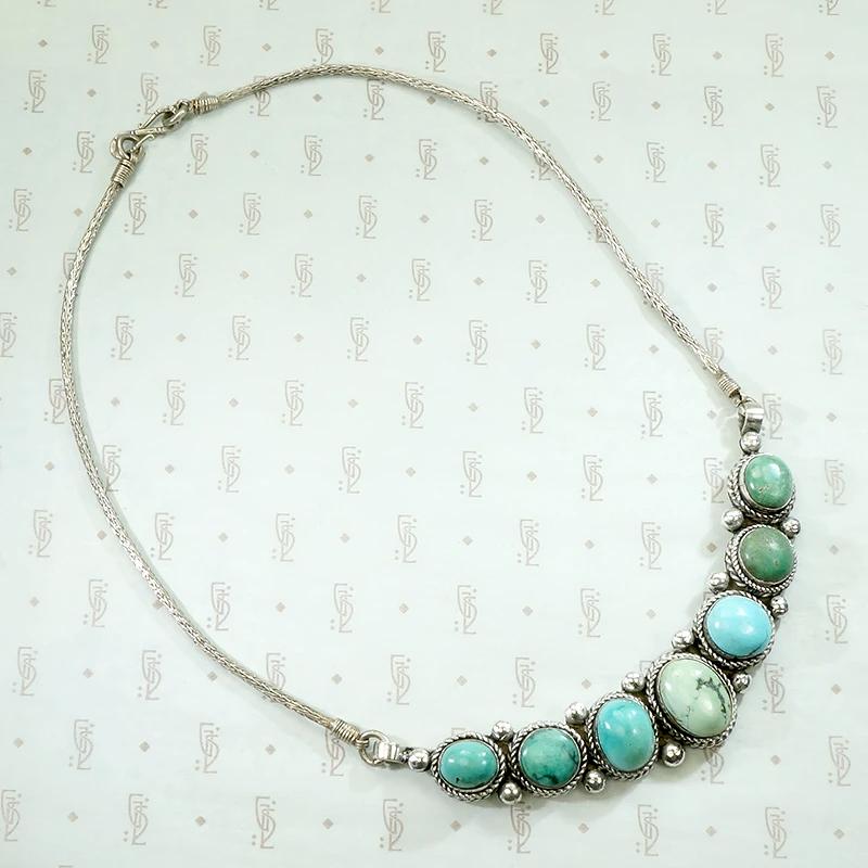 Silver Necklace with Blue & Green Turquoise