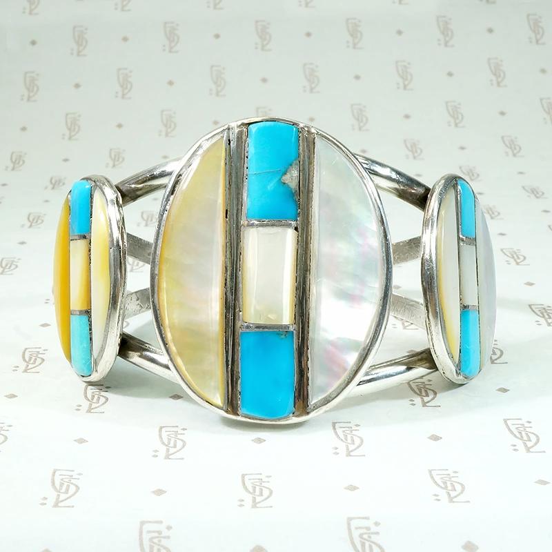Radiant Mother of Pearl & Turquoise Inlay Cuff