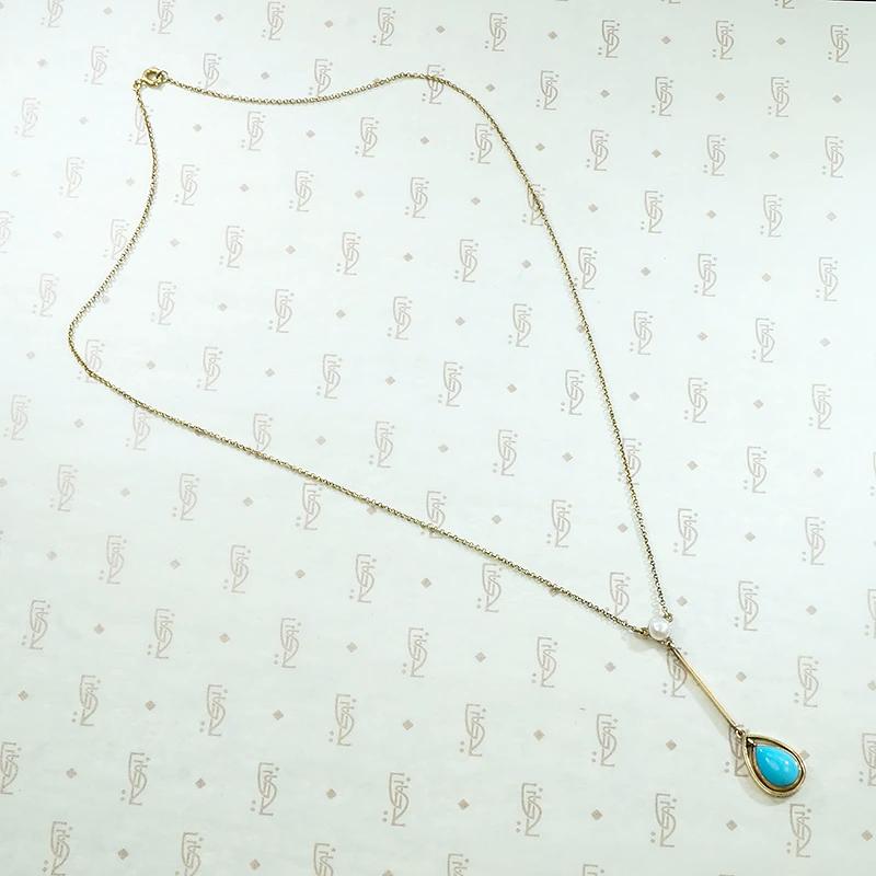 Antique Gold Necklace with Pearl & Turquoise Drop