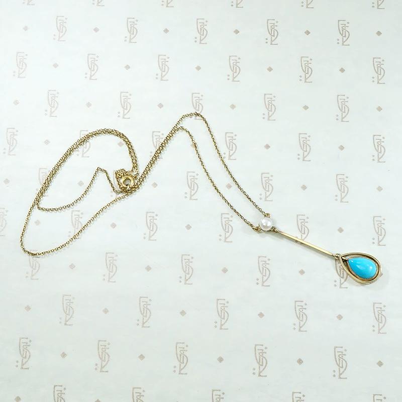 Antique Gold Necklace with Pearl & Turquoise Drop