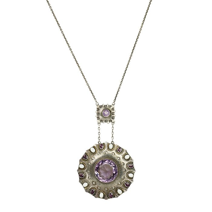 Circa 1910 Sterling and Amethyst Arts and Crafts Necklace - Gem Set Love