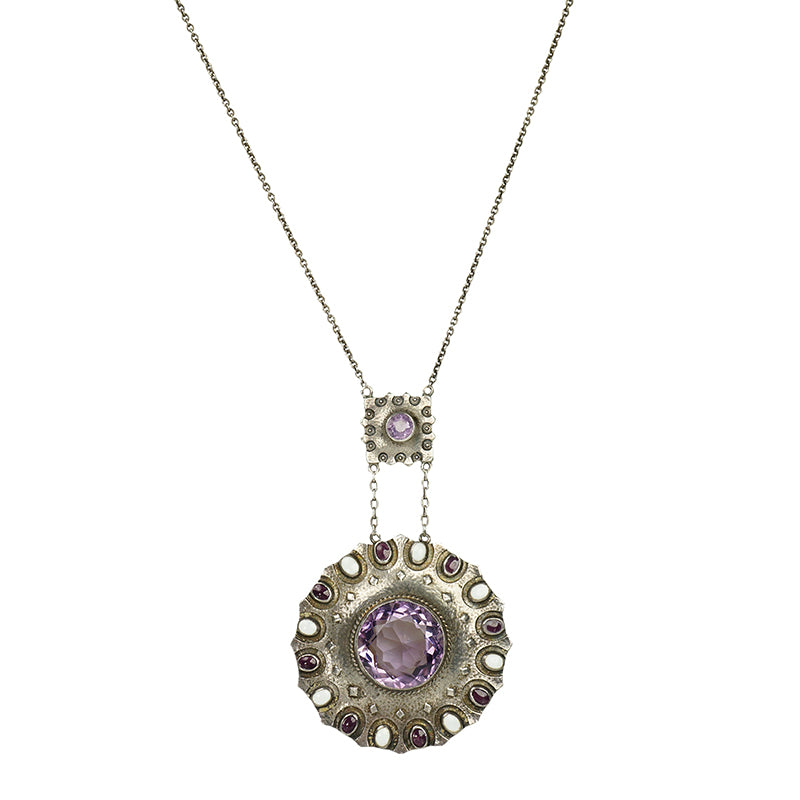 Circa 1910 Sterling and Amethyst Arts and Crafts Necklace - Gem Set Love