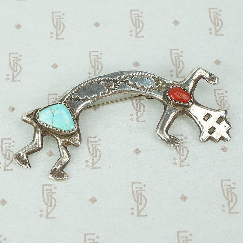 kachina dancer brooch in silver with turquoise and coral
