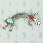 kachina dancer brooch in silver with turquoise and coral