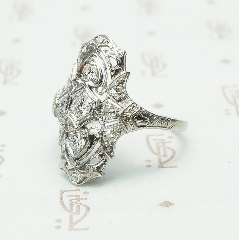 Stunning Platinum Filigree Diamond Edwardian Ring