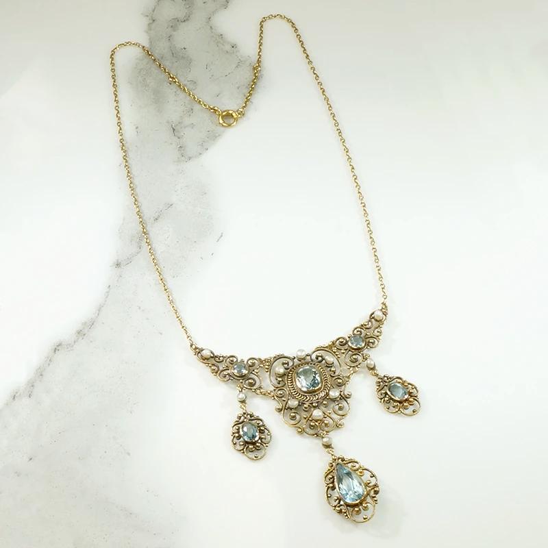 Exquisite Antique Aquamarine Filigree Necklace