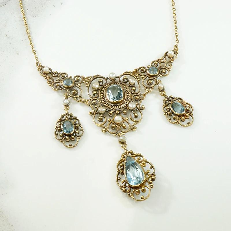 Exquisite Antique Aquamarine Filigree Necklace
