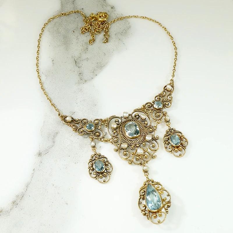 Exquisite Antique Aquamarine Filigree Necklace