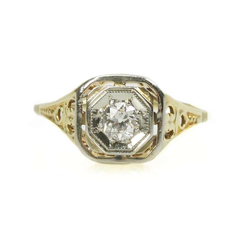 1920's Yellow Gold Filigree Engagement Ring set with an Old Euro Diamond