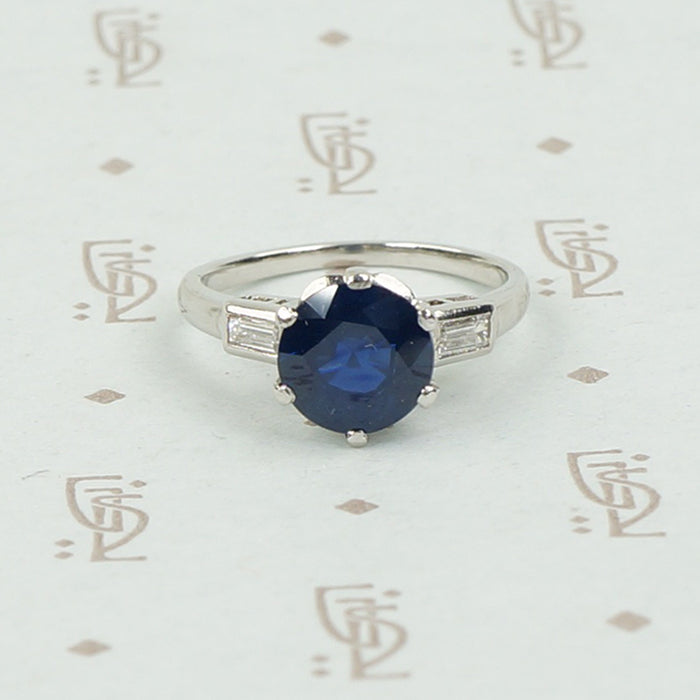 Intense Sapphire and Baguette Platinum Engagement Ring