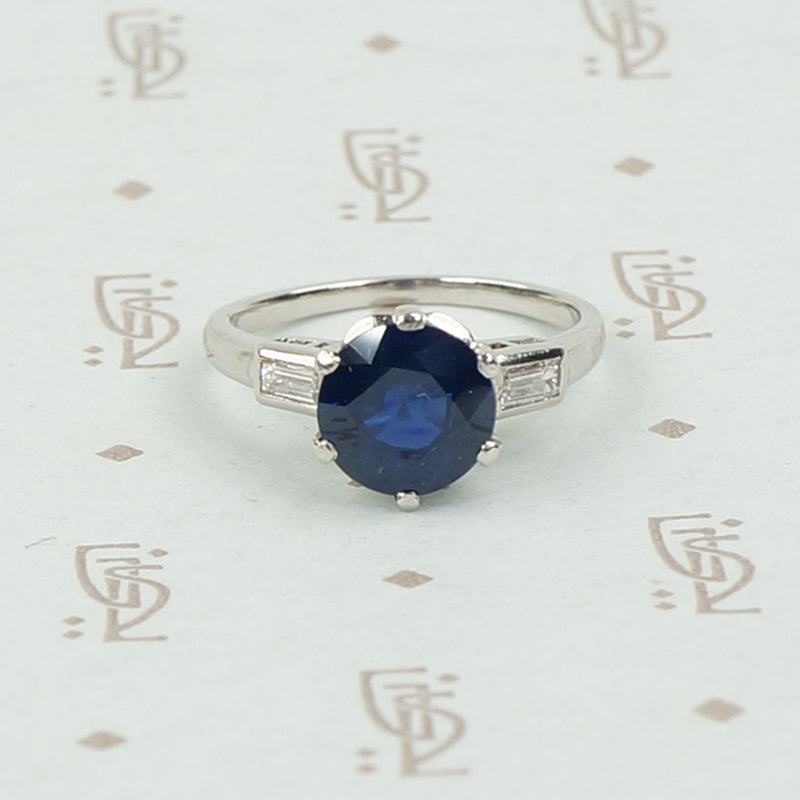 Intense Sapphire and Baguette Platinum Engagement Ring