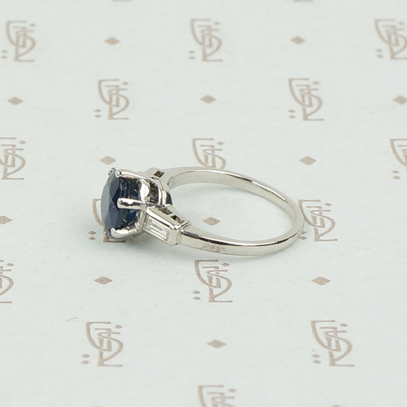Intense Sapphire and Baguette Platinum Engagement Ring
