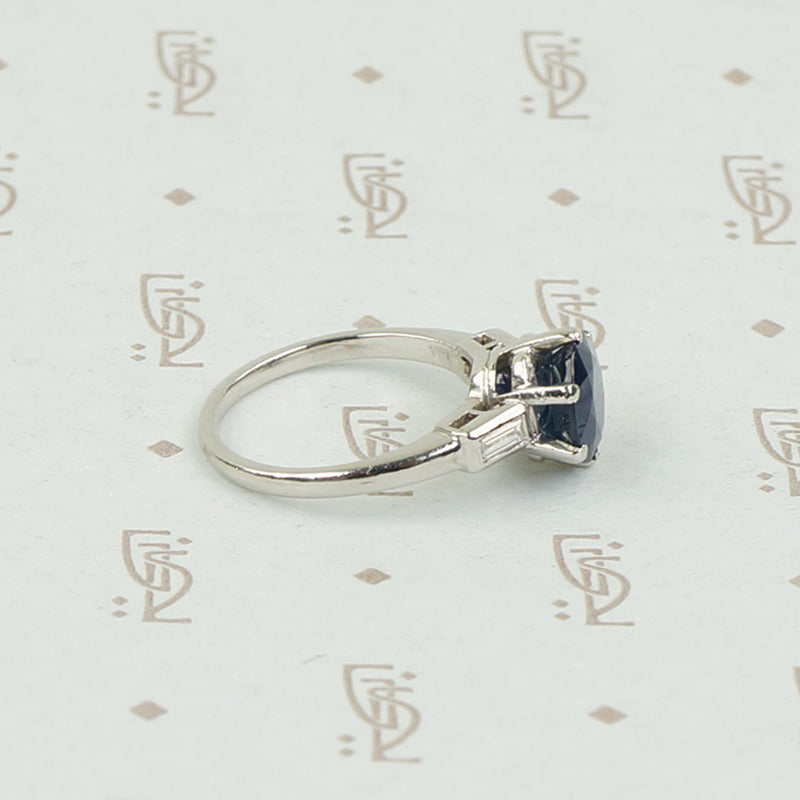 Intense Sapphire and Baguette Platinum Engagement Ring