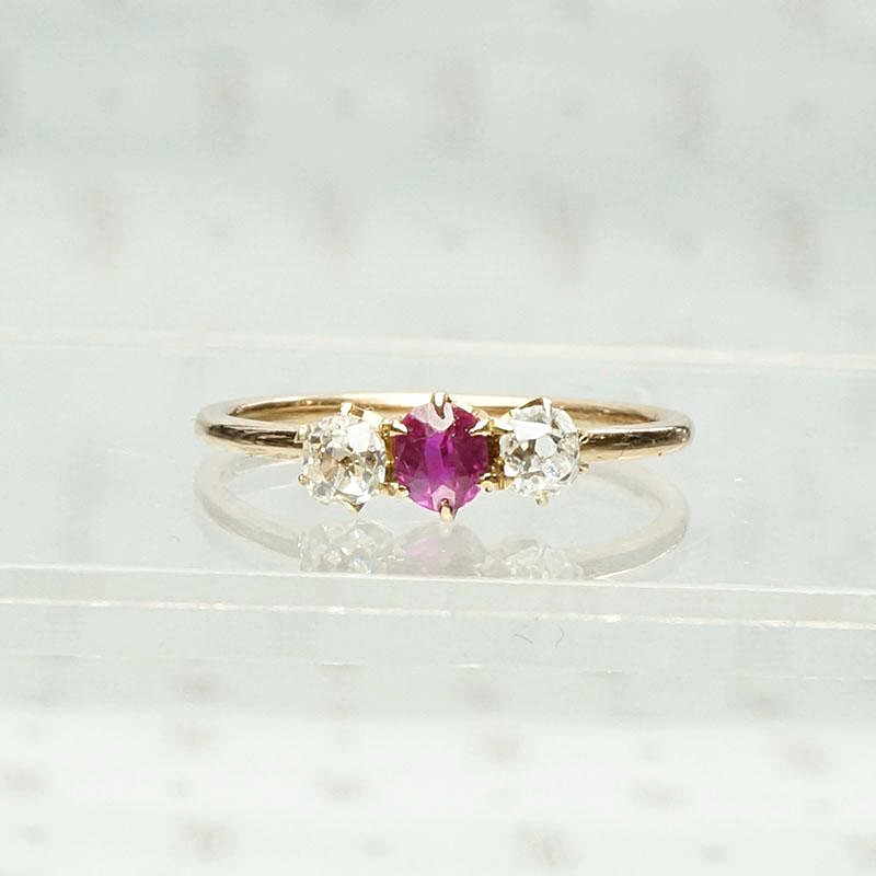 Late Victorian Three Stone Ring with Diamonds & Ruby