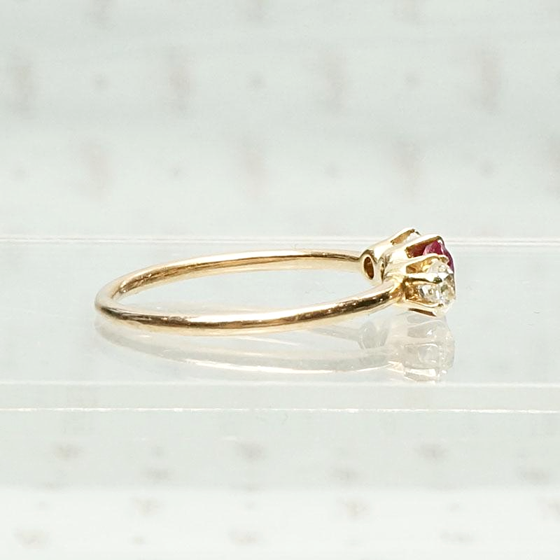 Late Victorian Three Stone Ring with Diamonds & Ruby, side view