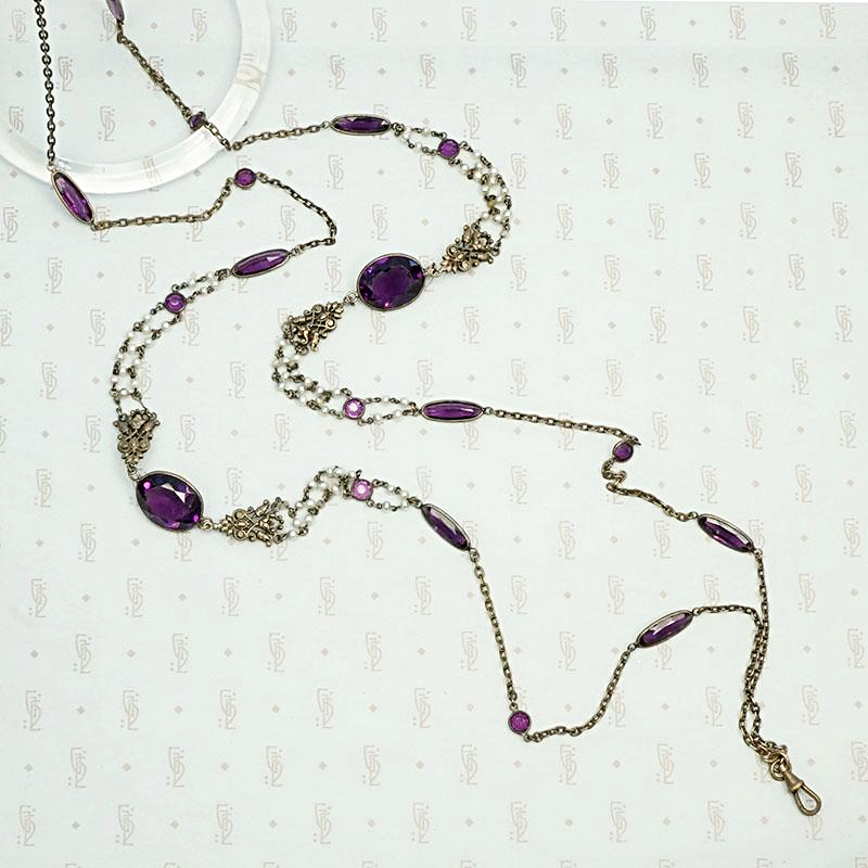 Regal Purple Glass, Brass & Pearl Extra Long Necklace