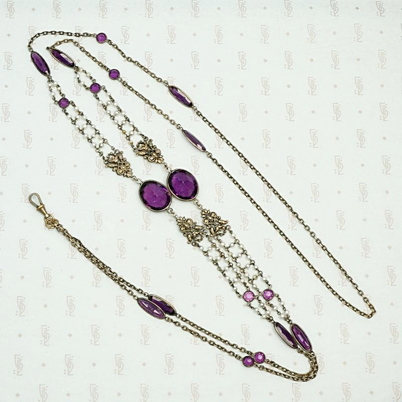 Regal Purple Glass, Brass & Pearl Extra Long Necklace