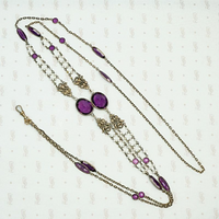 Regal Purple Glass, Brass & Pearl Extra Long Necklace