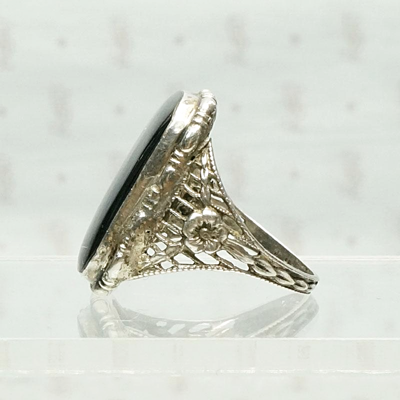 Romantic Sterling Filigree & Onyx Ring, side view