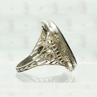 Romantic Sterling Filigree & Onyx Ring, side view