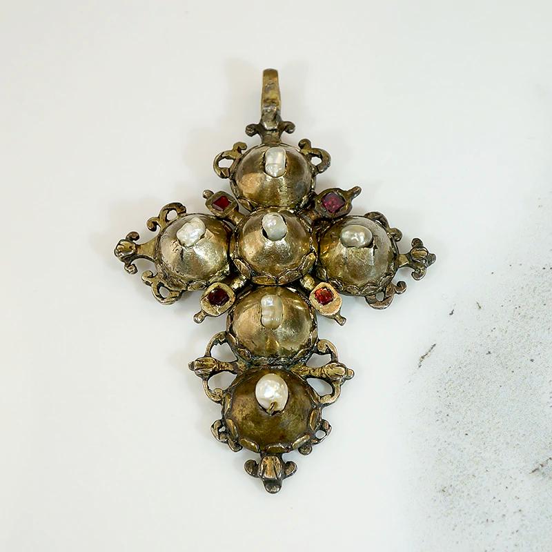Charming Antique Silver Gilt Cross with Pearls