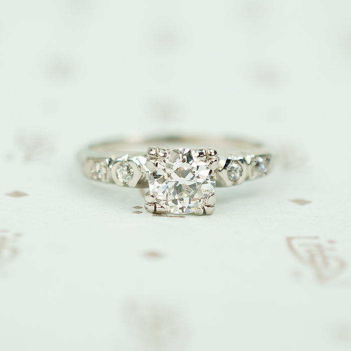 1940's old european cut diamond engagement ring set with a .72ct VS1 F/G Diamond triple split prongs ging the round diamond a square look