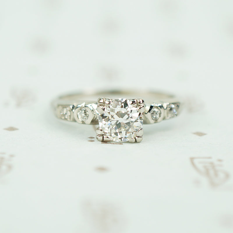 1940's old european cut diamond engagement ring set with a .72ct VS1 F/G Diamond triple split prongs ging the round diamond a square look