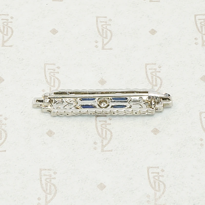 Architectural Diamond and Sapphire Filigree Bar Pin