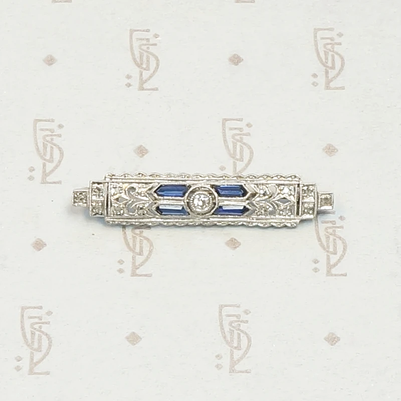 Architectural Diamond and Sapphire Filigree Bar Pin