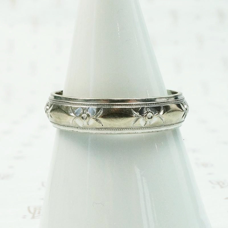 Mid Century Engraved White Gold Wedding Band