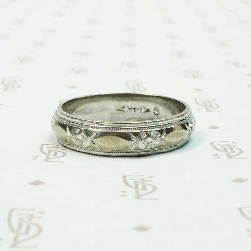 Mid Century Engraved White Gold Wedding Band