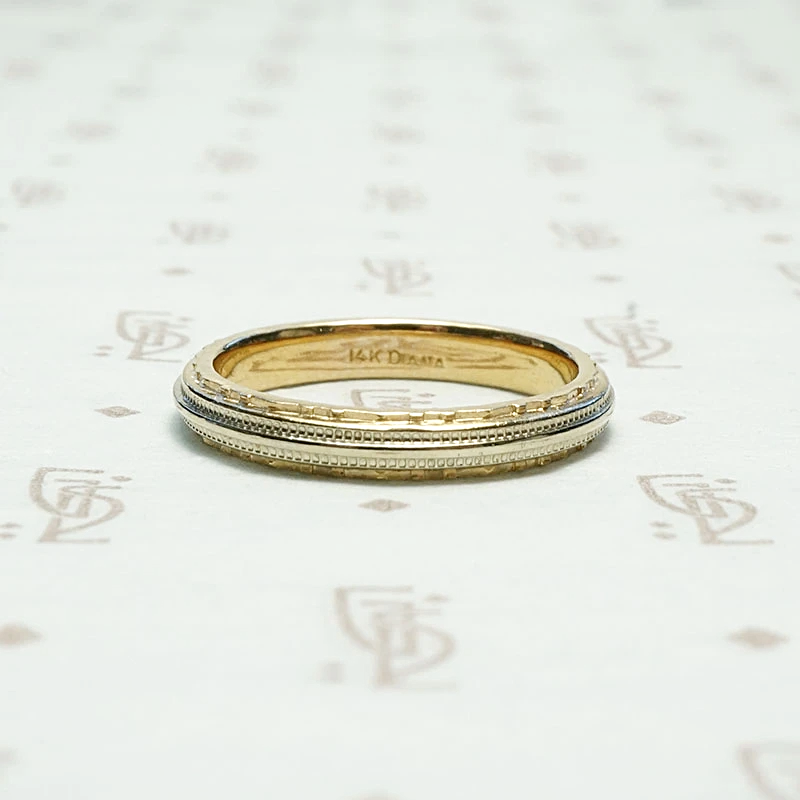 Two Tone Art Deco Engraved Wedding Band