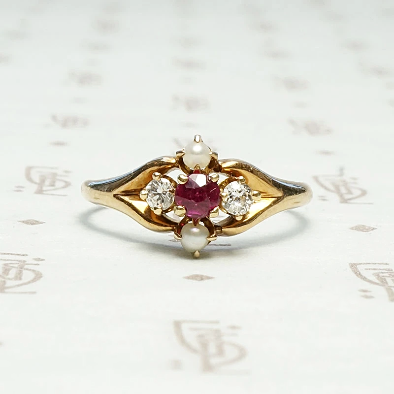 Romantic Rosy Gold Ruby Diamond & Pearl Ring