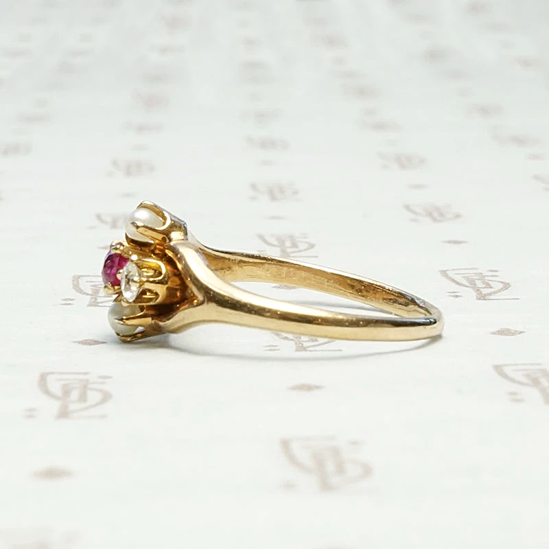 Romantic Rosy Gold Ruby Diamond & Pearl Ring